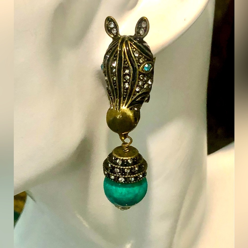 Heidi Daus “ Zebra Nights” Elegant Gold and Turquoise Zebra Earrings